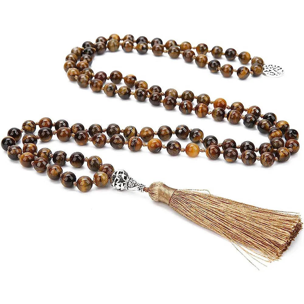 Handmade knotted beaded necklace with 8mm stone beads showing natural colour variations