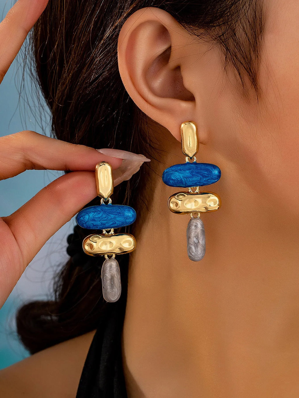 Geometric multicolour stud earrings with zinc alloy construction and electroplated finish