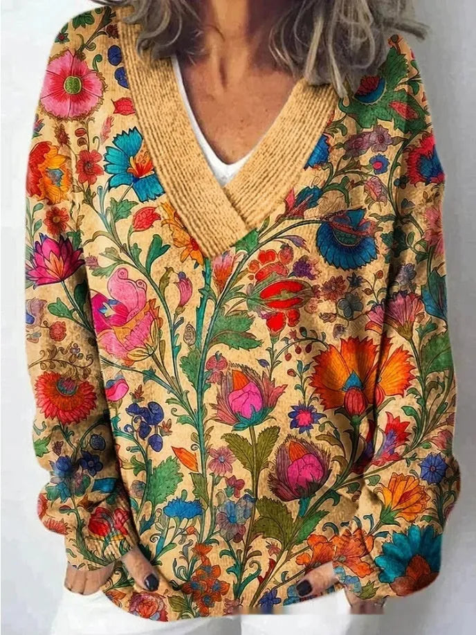 Women's V-neck long sleeve sweatshirt with a full-coverage 3D floral printed pattern in an art retro style.
