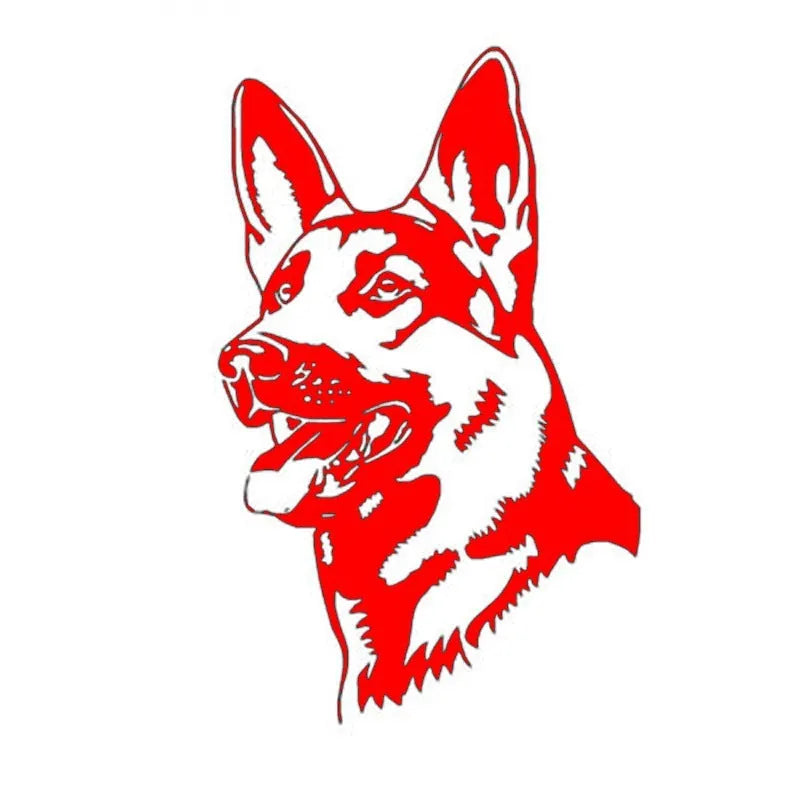 Reflective Alsace Shepherd dog breed bumper sticker on a car, showing silver white colour option.
