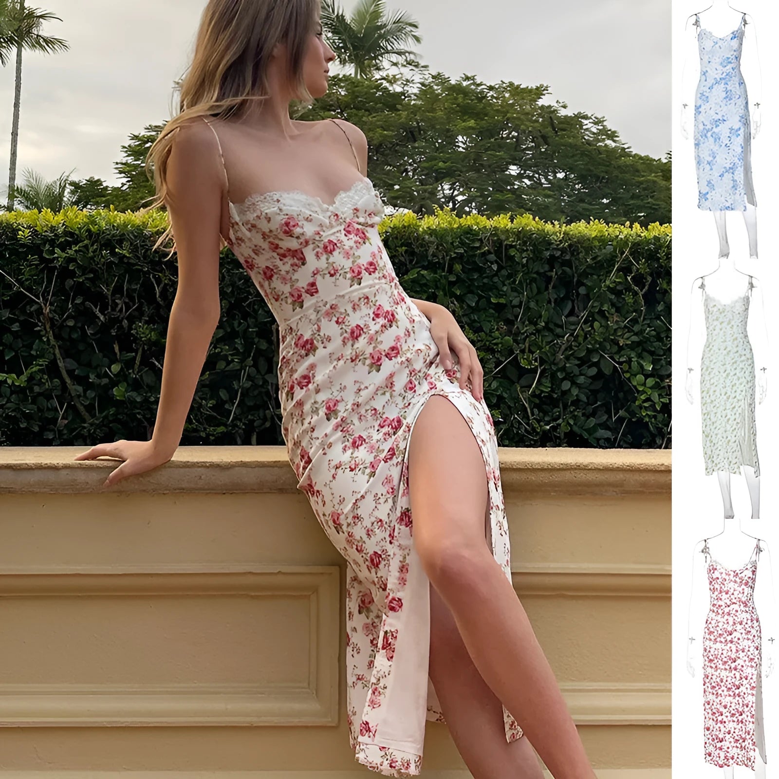 Women's long dress with lace flowers print, thigh-high slit, and suspender straps in blue.