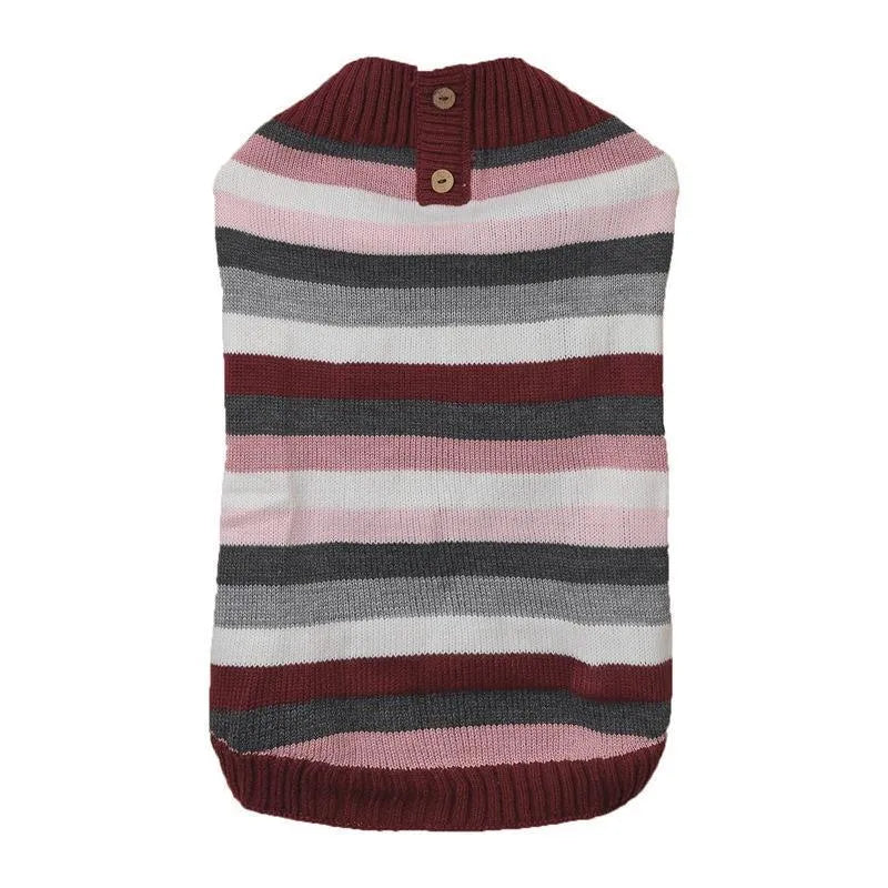 Grey knitted dog sweater on a small dog, showing a contrasting green horizontal zipper and a button chest pocket.