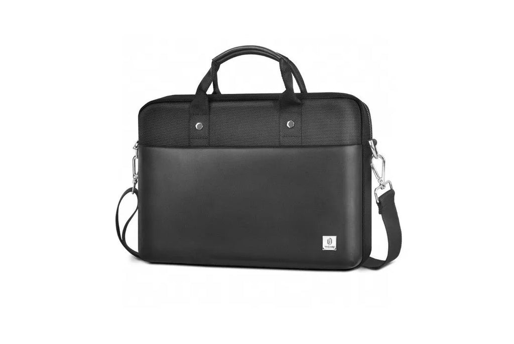 Black Oxford cloth laptop backpack showing multiple organisational pockets and a lock on the front.