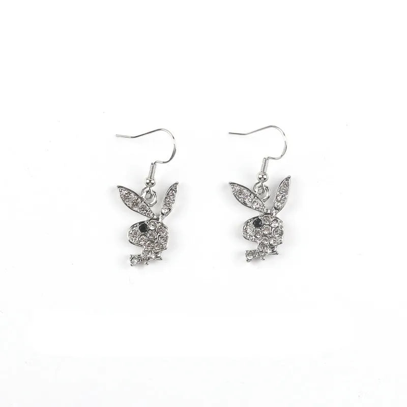 Rabbit stud earrings with diamond decoration in silver, pink, and gold alloy finishes