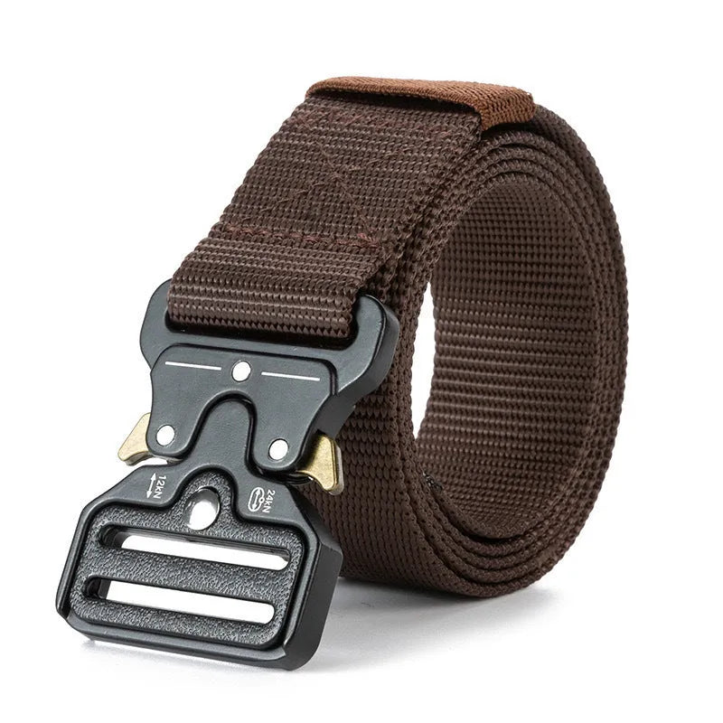 Men's tactical canvas belt with alloy release buckle in five colour options showing 120cm length