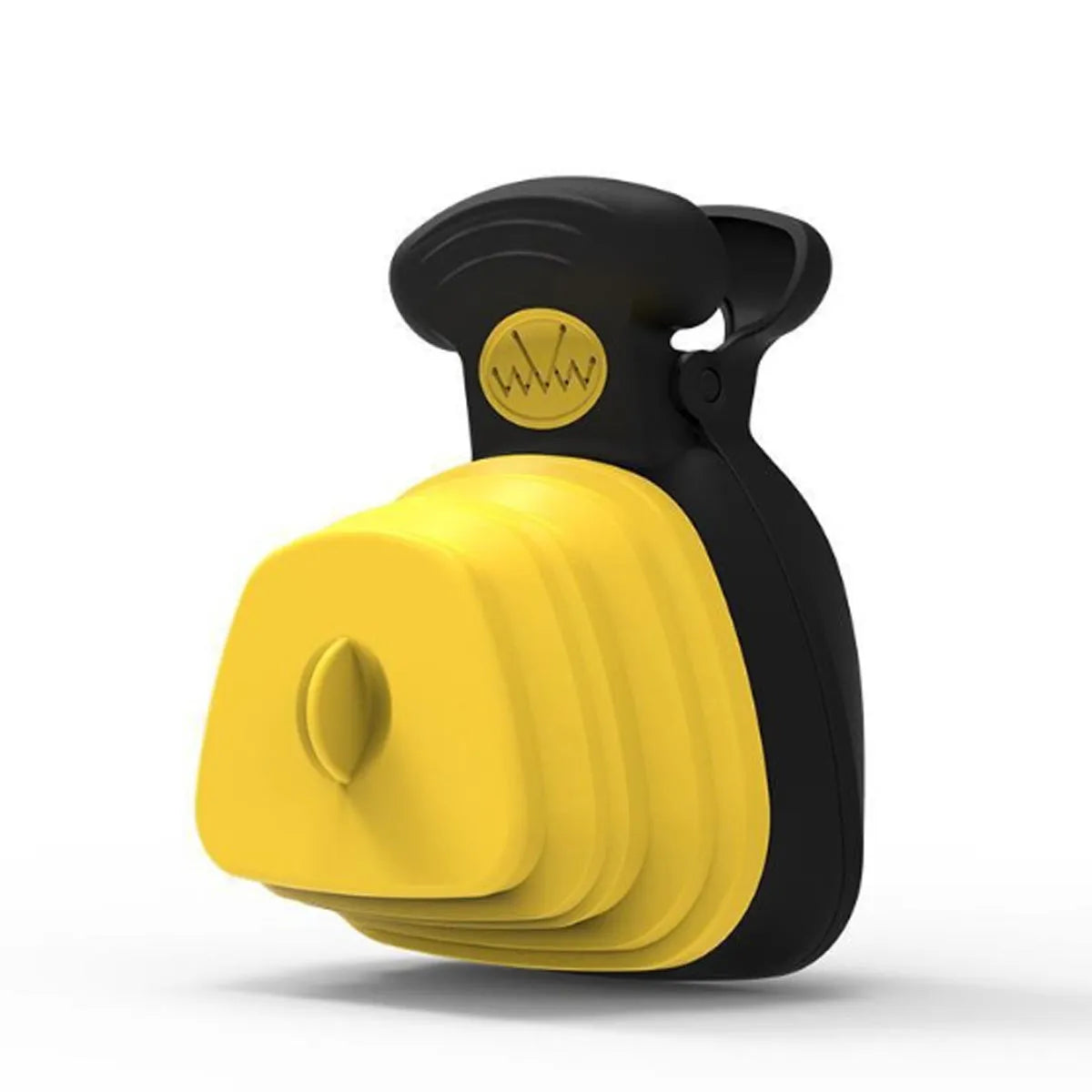 Blue portable dog pooper scooper with clip, shown with expanded waste container and bag dispenser.