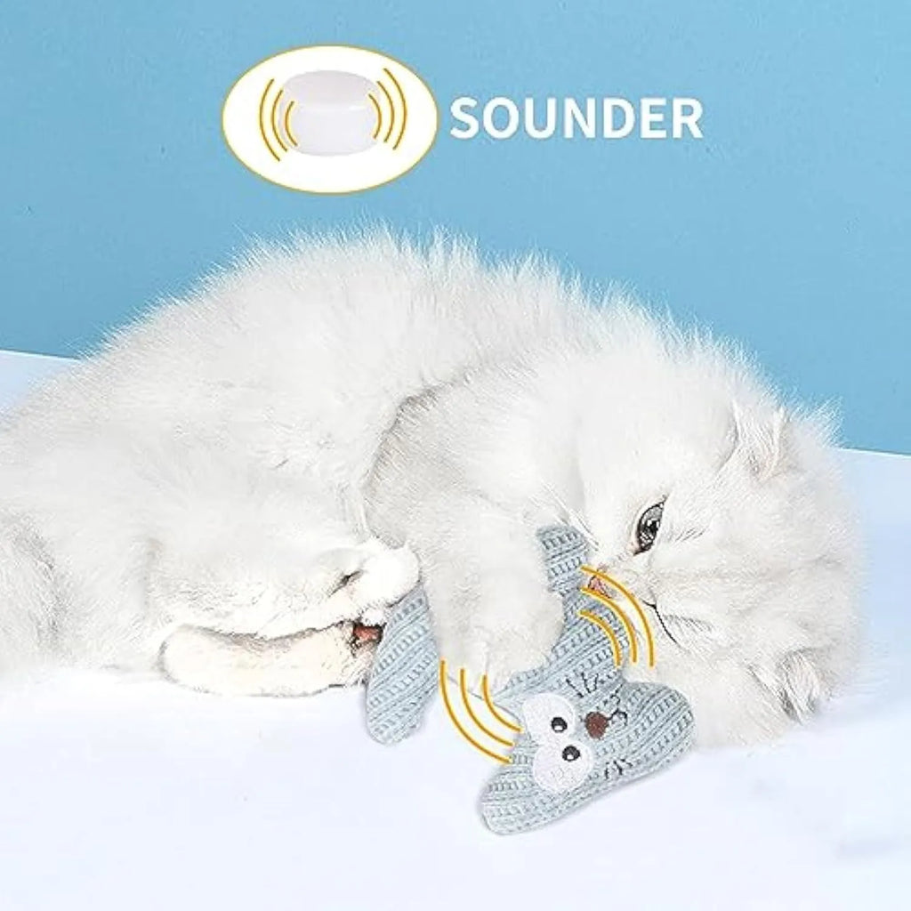 Cyan knitted plush cat toy with rope and bell, shown next to a light coffee colour option.