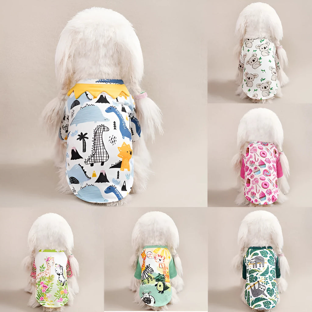 A small dog wearing a casual, printed polyester T-shirt, showing the full design and fit.