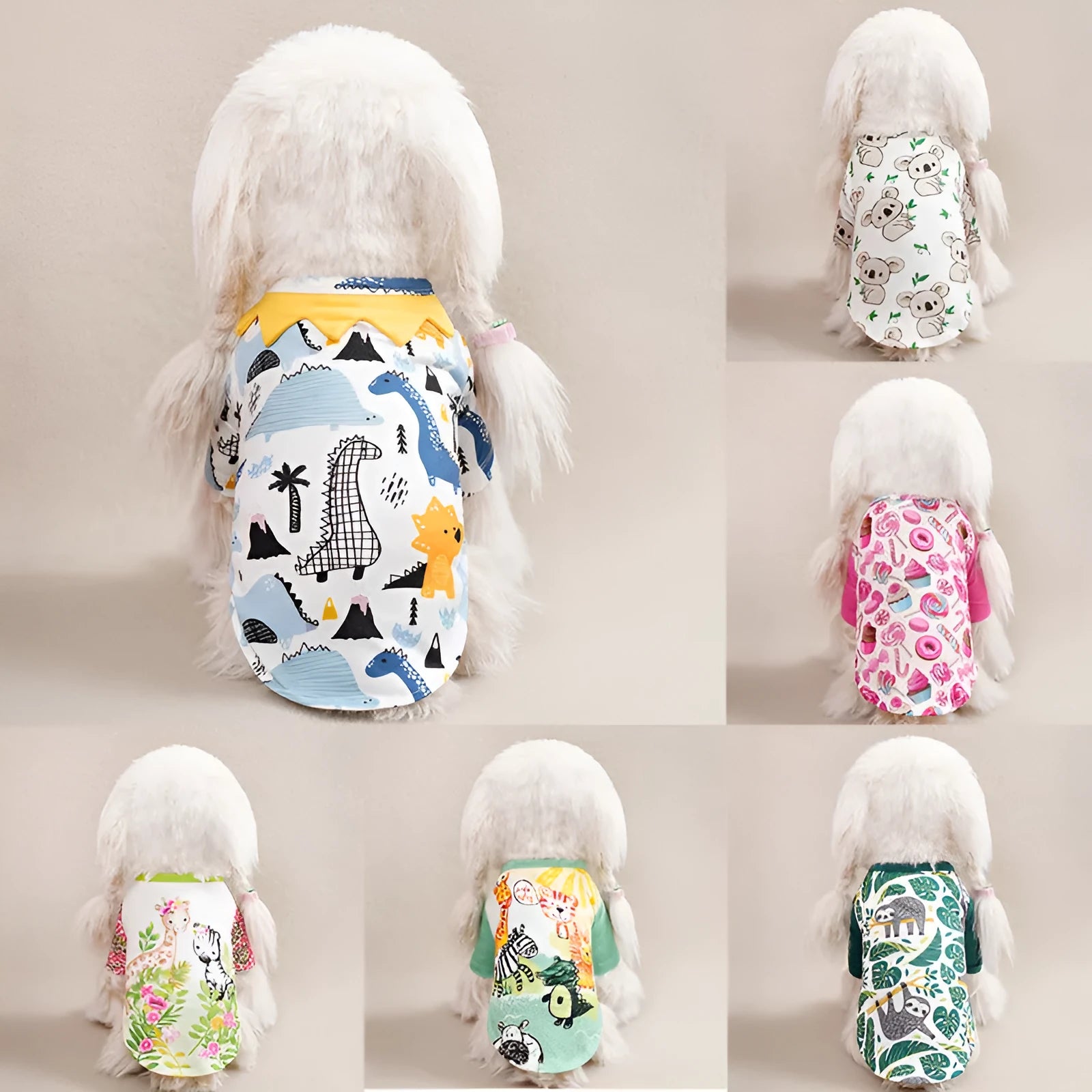 A small dog wearing a casual, printed polyester T-shirt, showing the full design and fit.
