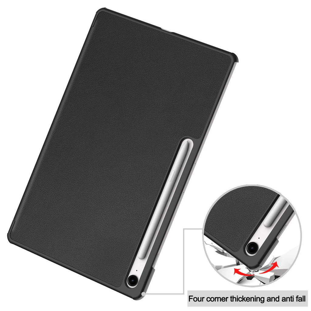 Samsung Galaxy Tab S10 FE Plus 13.1-inch leather case in tri-fold stand position, showing PC shell and fabric interior.