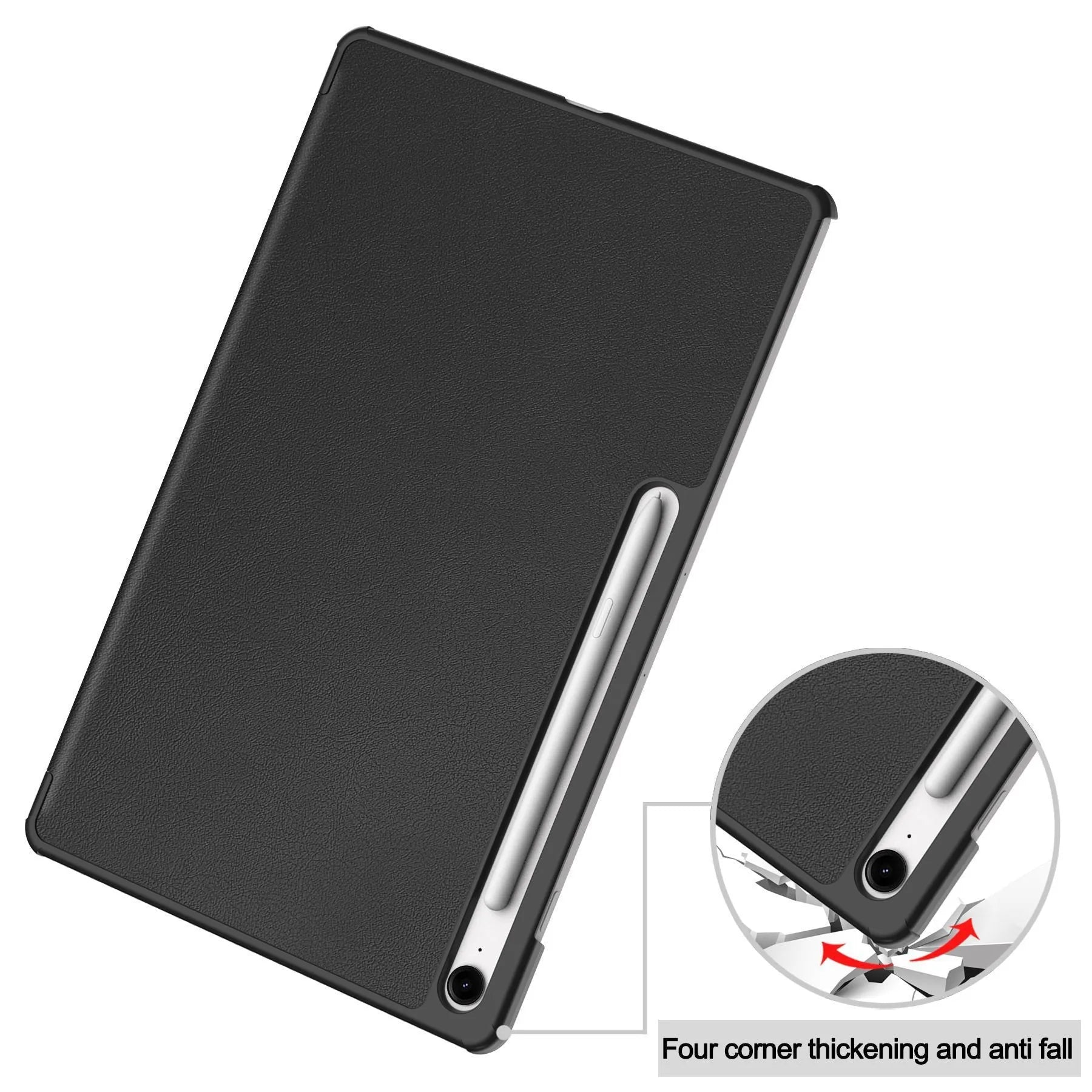 Samsung Galaxy Tab S10 FE Plus 13.1-inch leather case in tri-fold stand position, showing PC shell and fabric interior.