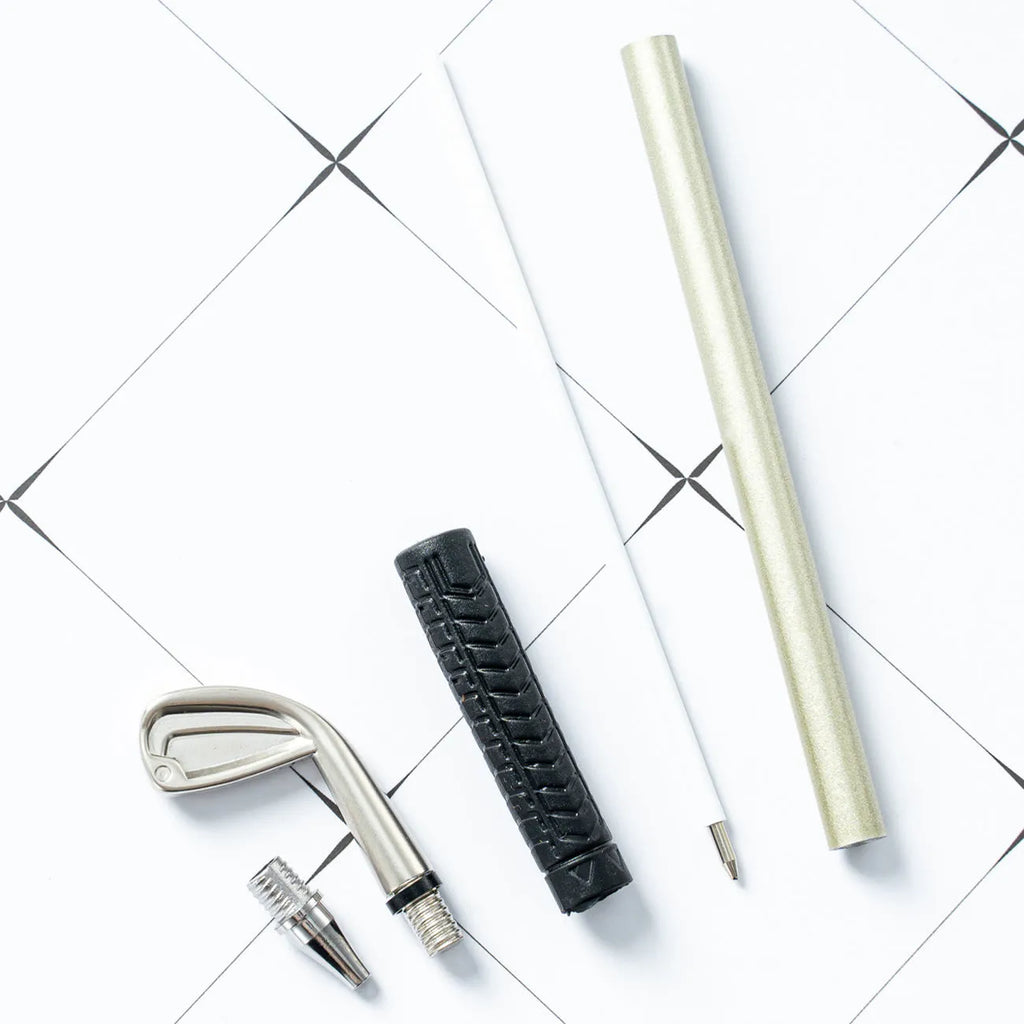 Three metal ballpoint pens with golf suit design showing 0.7mm bullet-type pen heads