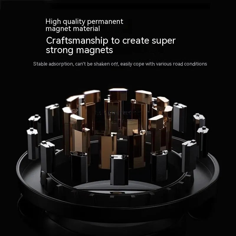 Foldable all-metal magnetic car phone mount in Qian colour on a car dashboard.