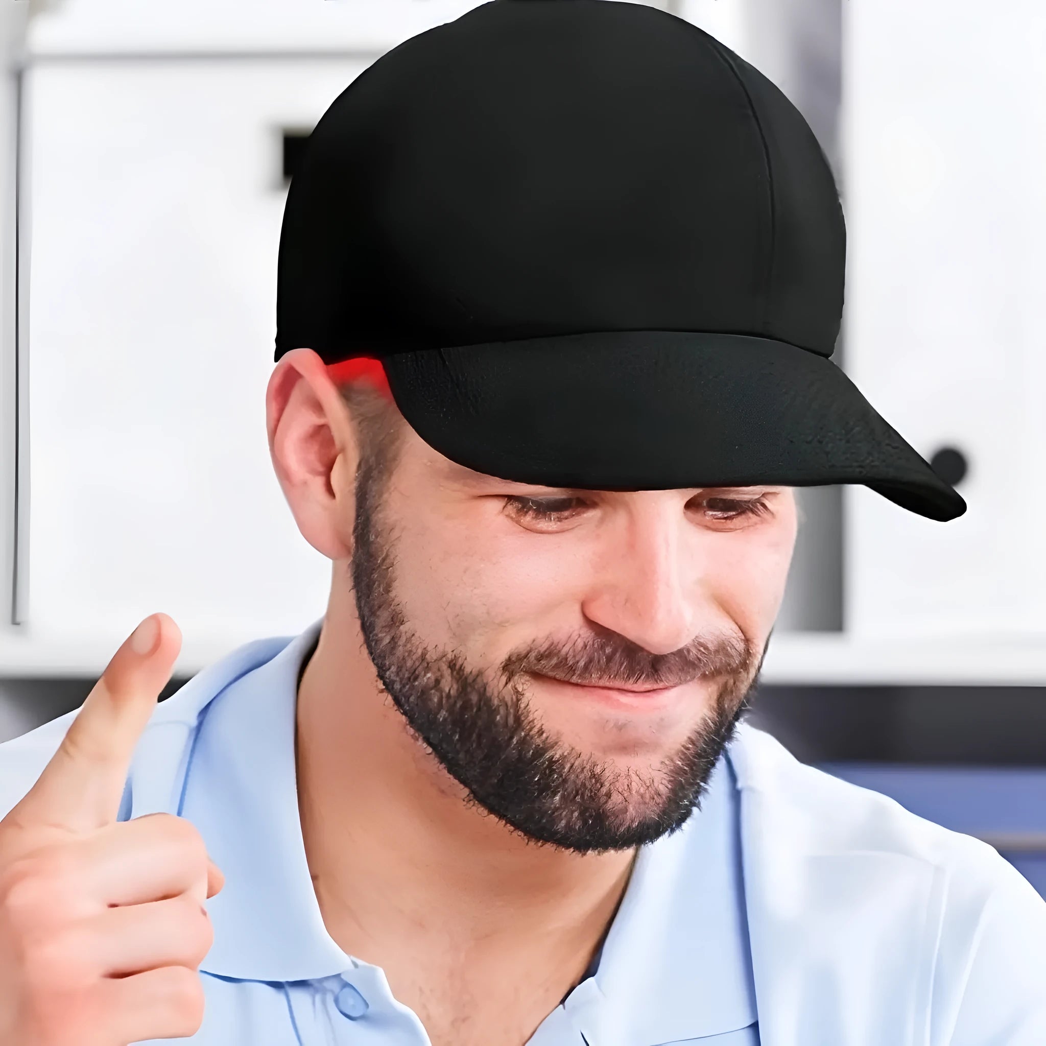 Black infrared peaked cap for hair growth therapy with 180 LED red light bulbs and adjustable controller
