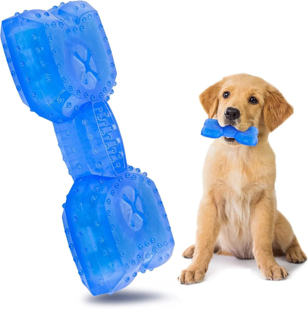 Freezable plastic dog chew toy filled with water for cooling and teething relief.