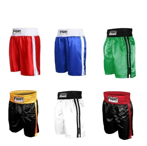A pair of black and gold waist boxing shorts with an elasticated waistband and drawstring.