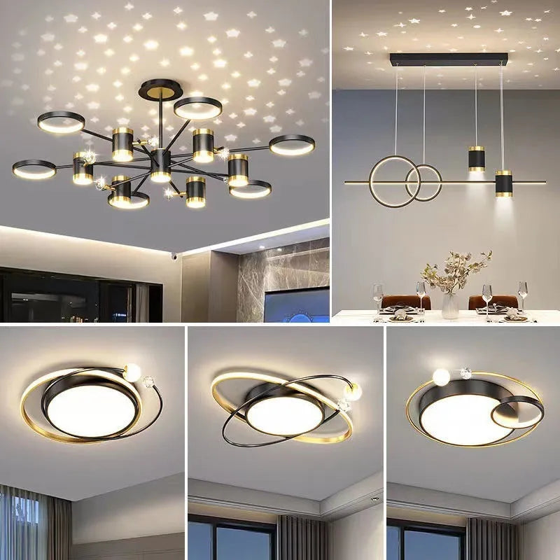 Black iron pendant chandelier with 13 lamp heads and a remote control.