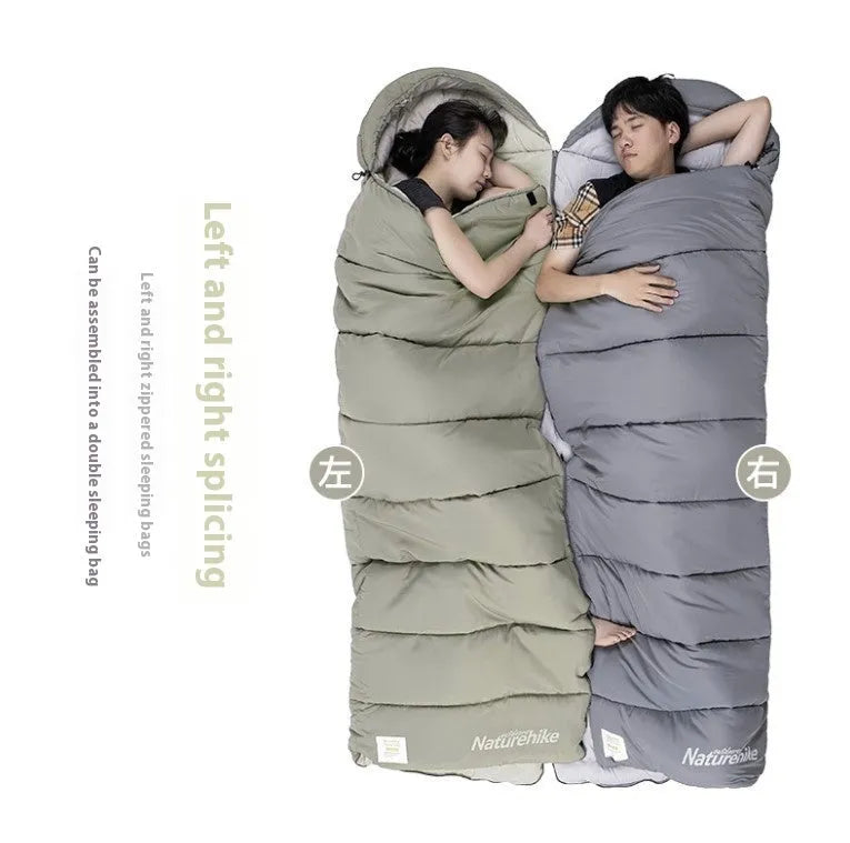 Double-person spliced camping sleeping bag in rock gray with envelope style and down cotton filling