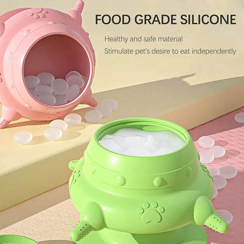 Pink silicone pet nursing device with four milk bowls for puppies and kittens