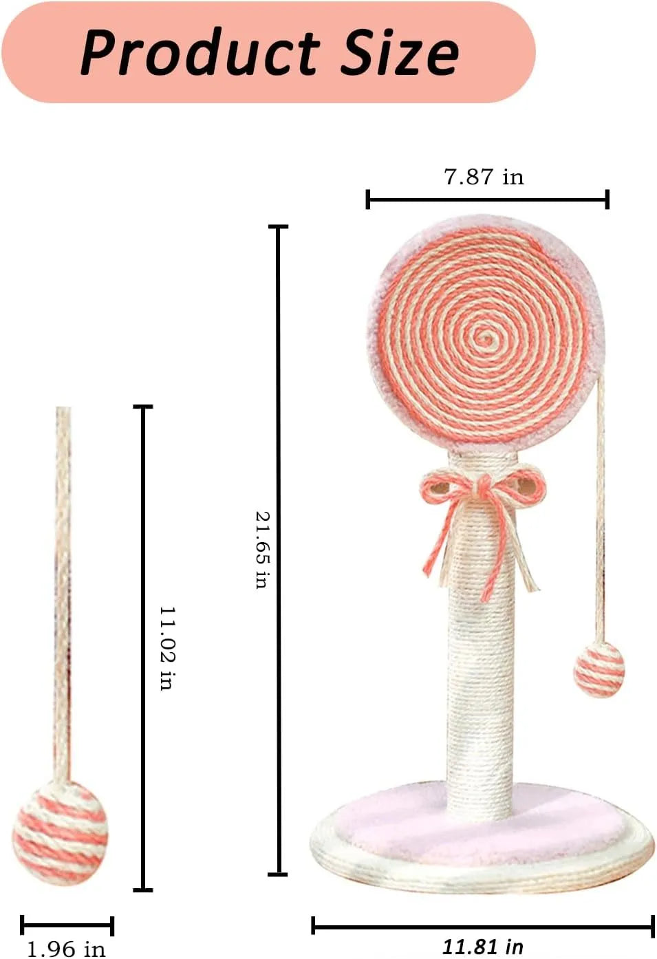 Blue cat scratching post with natural sisal rope and a hanging yellow ball toy on a wooden base.