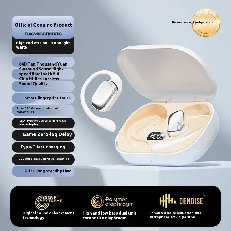 Ear-mounted wireless headphones in black with a small digital display screen on the side.