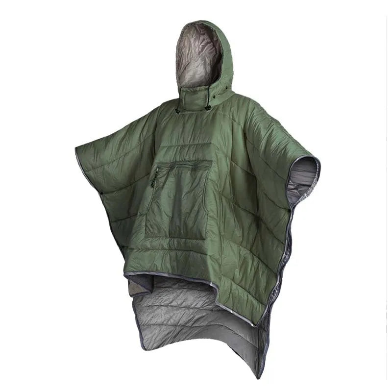 Grey outdoor cloak sleeping bag for adults showing wearable design and 200x140cm dimensions