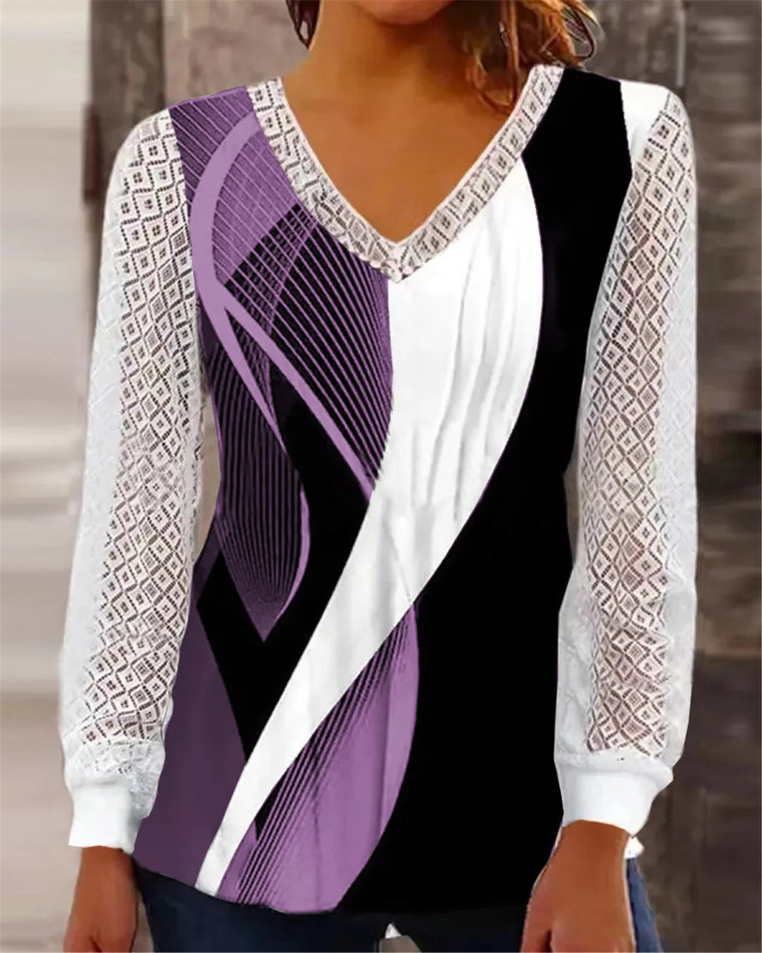Women's purple V-neck loose pullover top with hollow-out lace detailing and long sleeves