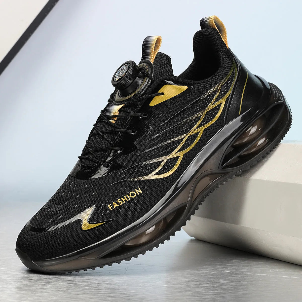 Low-top breathable running shoes in black gold, sky blue, and white colours with a rubber sole.