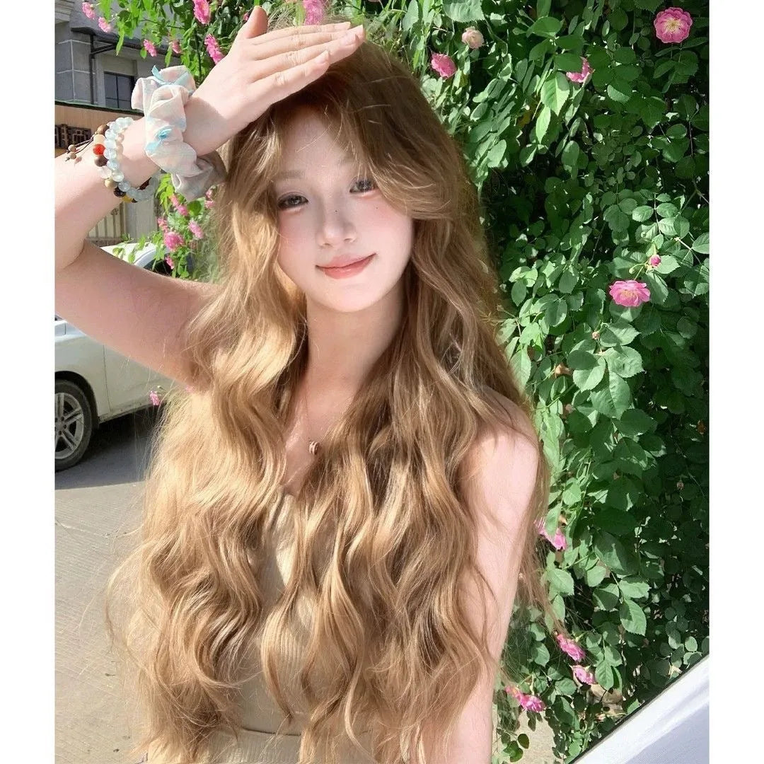 Linen brown medium length curly synthetic wig with hair net on display