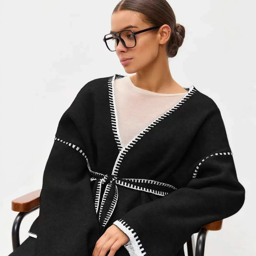 Loose fit lace-up knitted cardigan in imitation cashmere available in white, black and camel colours
