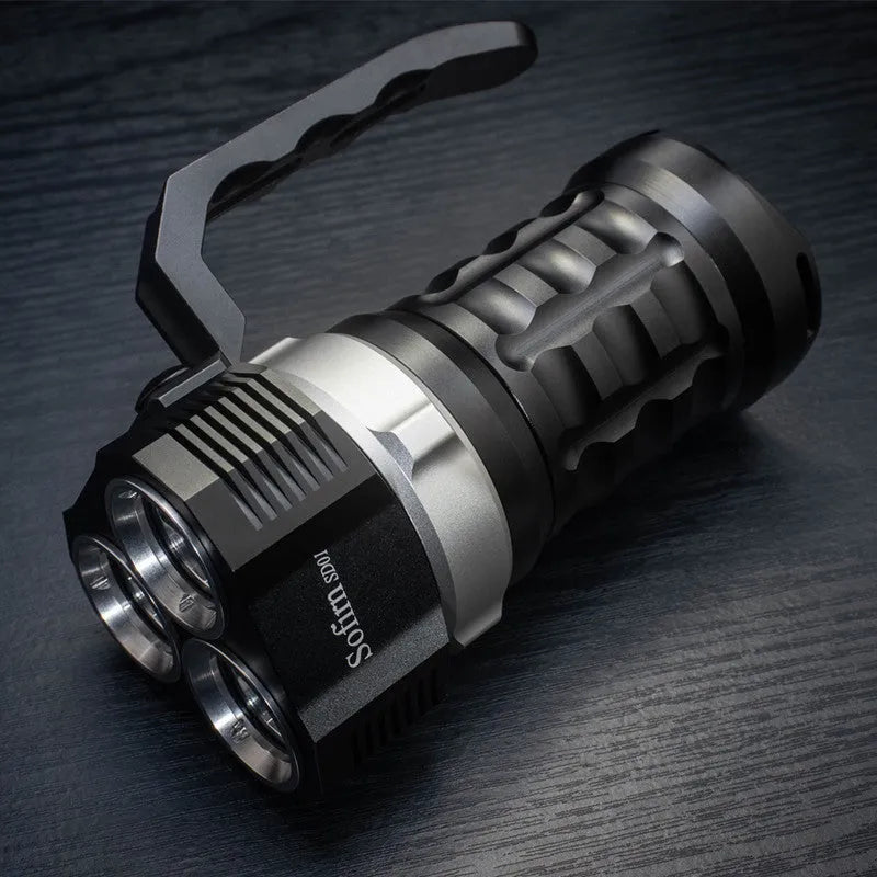 Aluminium alloy diving torch flashlight showing 18cm length, with high brightness LED for diving and outdoor use.
