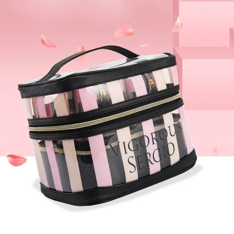 Pink bold stripes flower pattern makeup bag with waterproof synthetic leather and folding compartments