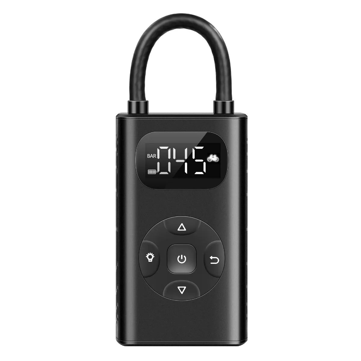 Black M09X portable power bank tyre inflator with digital display and 16cm air hose on a dark background.