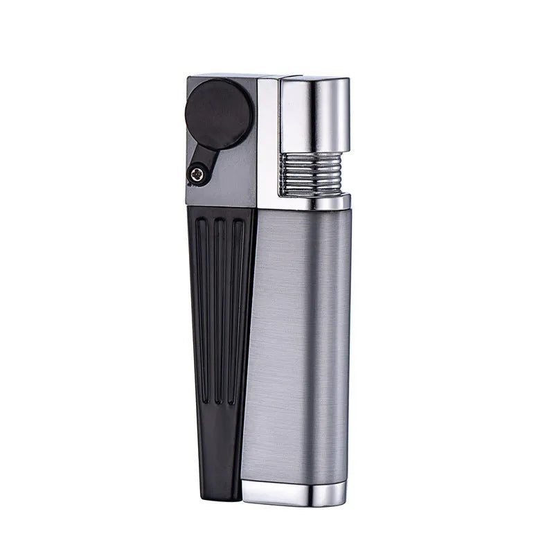 Metal pipe lighter with folding flap covering lighter mechanism and stash compartment