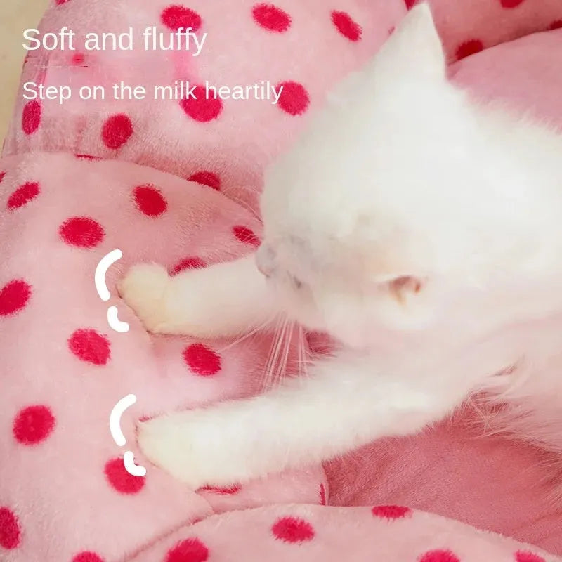 Pink cat bed cushion with dot pattern showing two size options for cats up to 20 pounds