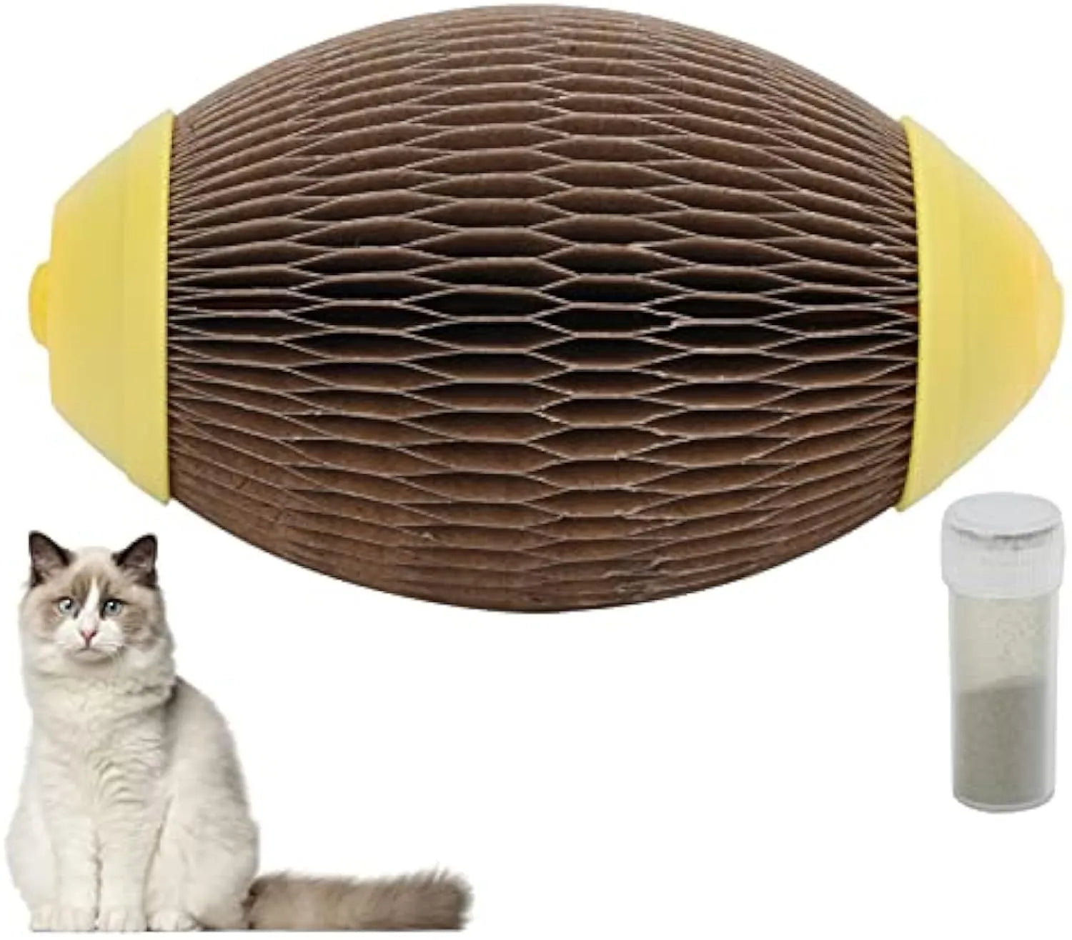 Ellipse-shaped corrugated paper catnip ball toy for cats on a neutral background