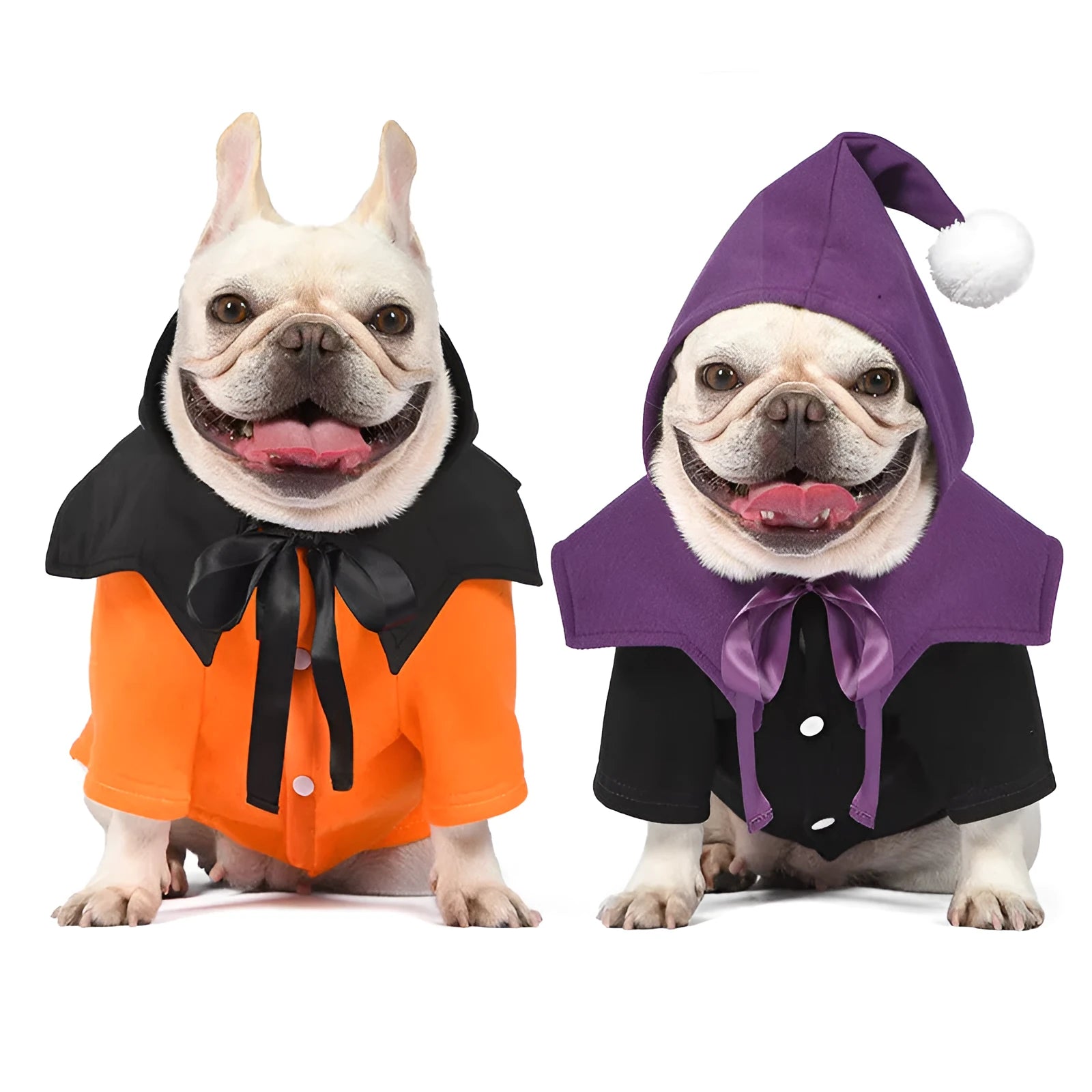 Orange and black Halloween pumpkin two-piece dog costume sweater and shawl set.