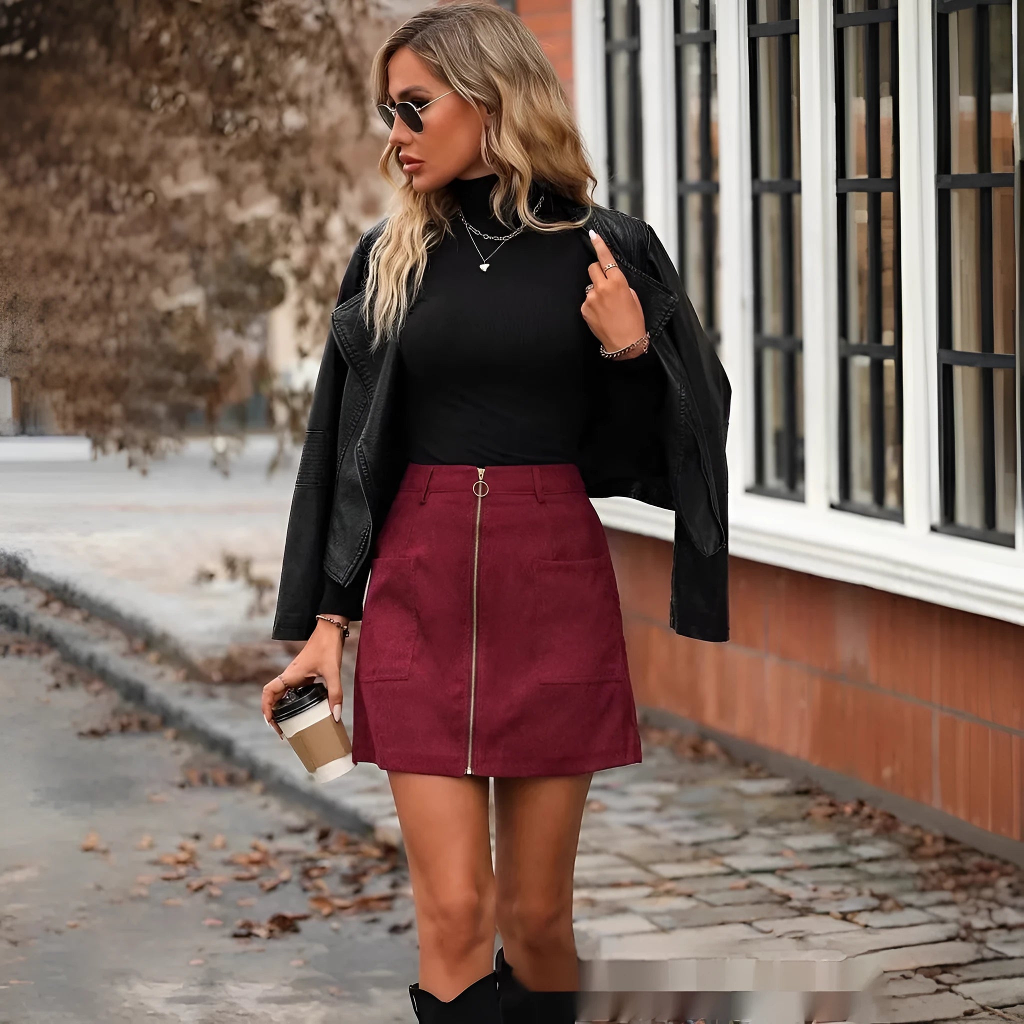 Women's high-waist short skirt with zip closure and stitching detail in multiple colours.