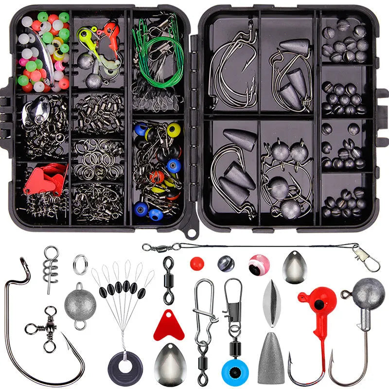 Orange ABS plastic box containing 257 pieces of fishing lure hooks and accessories.
