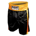 A pair of black and gold waist boxing shorts with an elasticated waistband and drawstring.