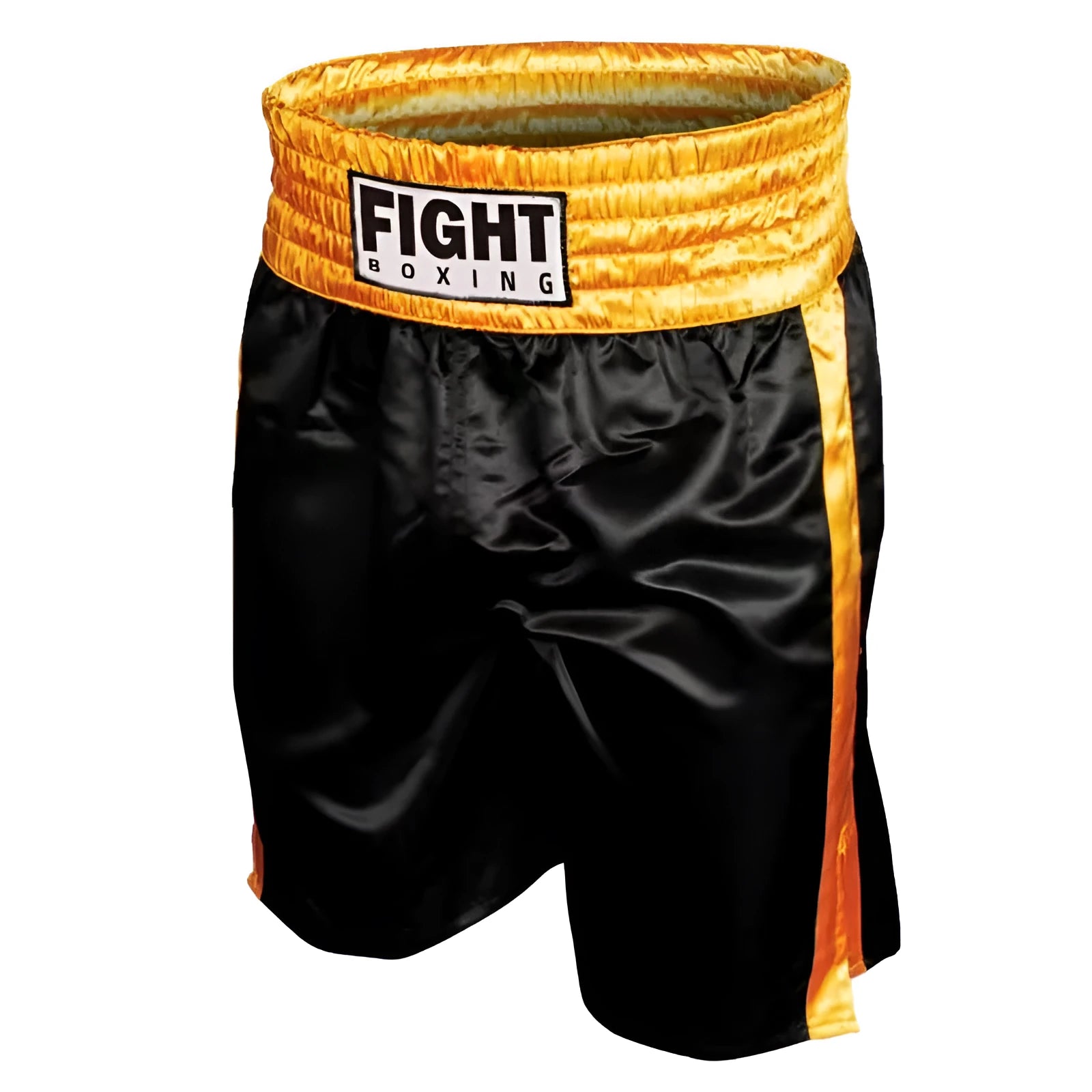 A pair of black and gold waist boxing shorts with an elasticated waistband and drawstring.