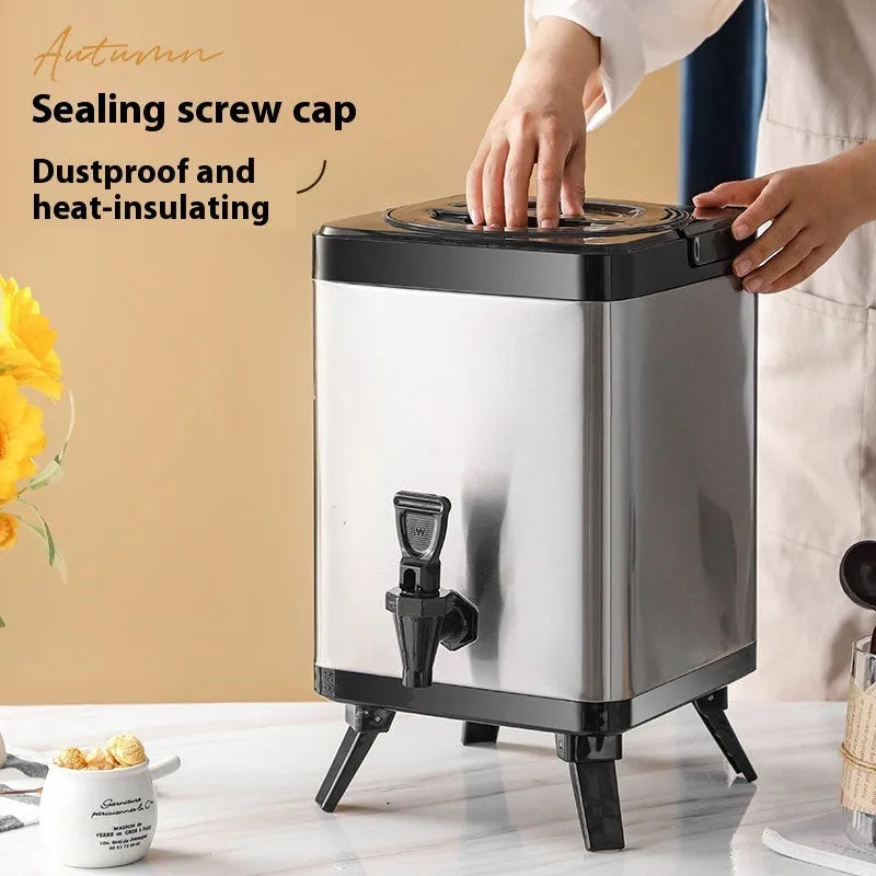 Square silver stainless steel milk tea bucket with locking lid, 8-litre capacity.