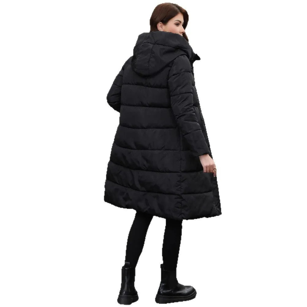 Black slim fit men's hooded jacket with long sleeves and cold-resistant thickened design.