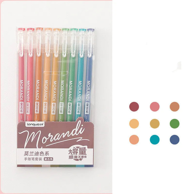 Retro gel pen set with nine 0.5mm needle tip pens in Japanese-inspired colours