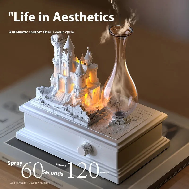 White medieval castle design waterless aromatherapy machine with ambient lighting and USB Type-C charging port