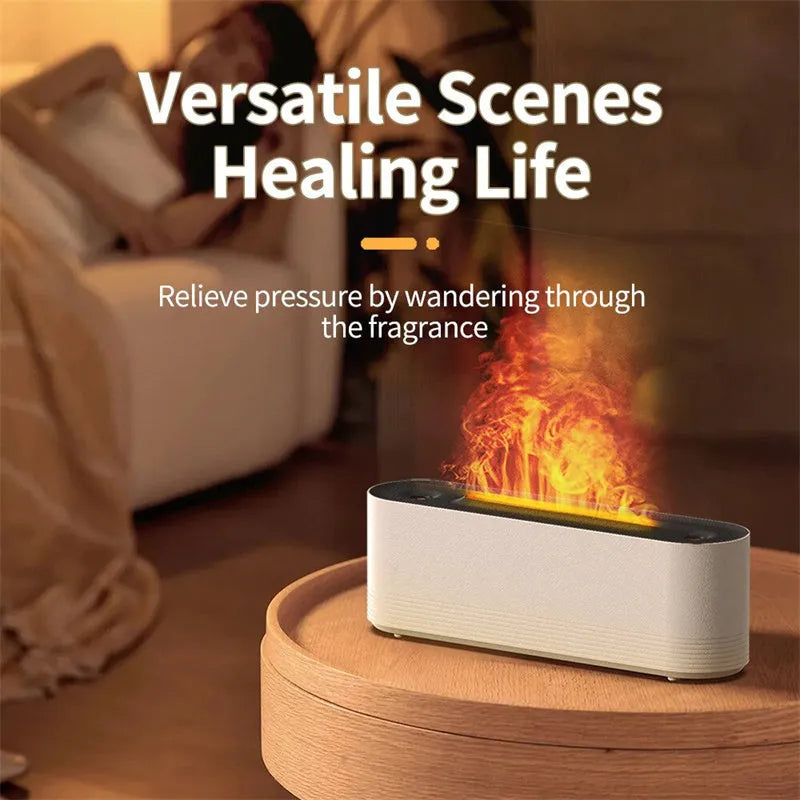 Black or white Flame Air ultrasonic humidifier and essential oil diffuser with LED flame lights on.