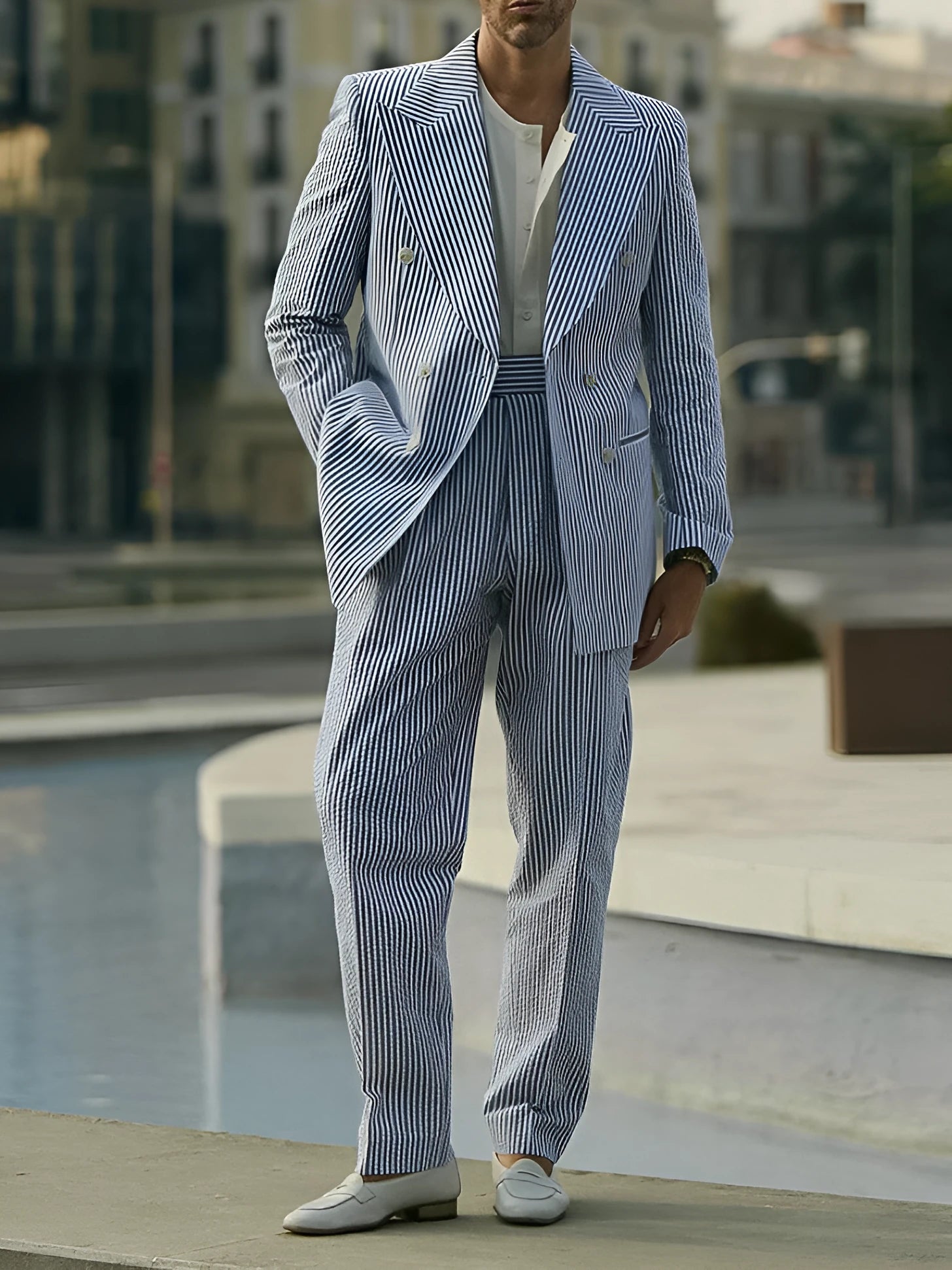 Blue and white striped polyester suit set with regular fit styling