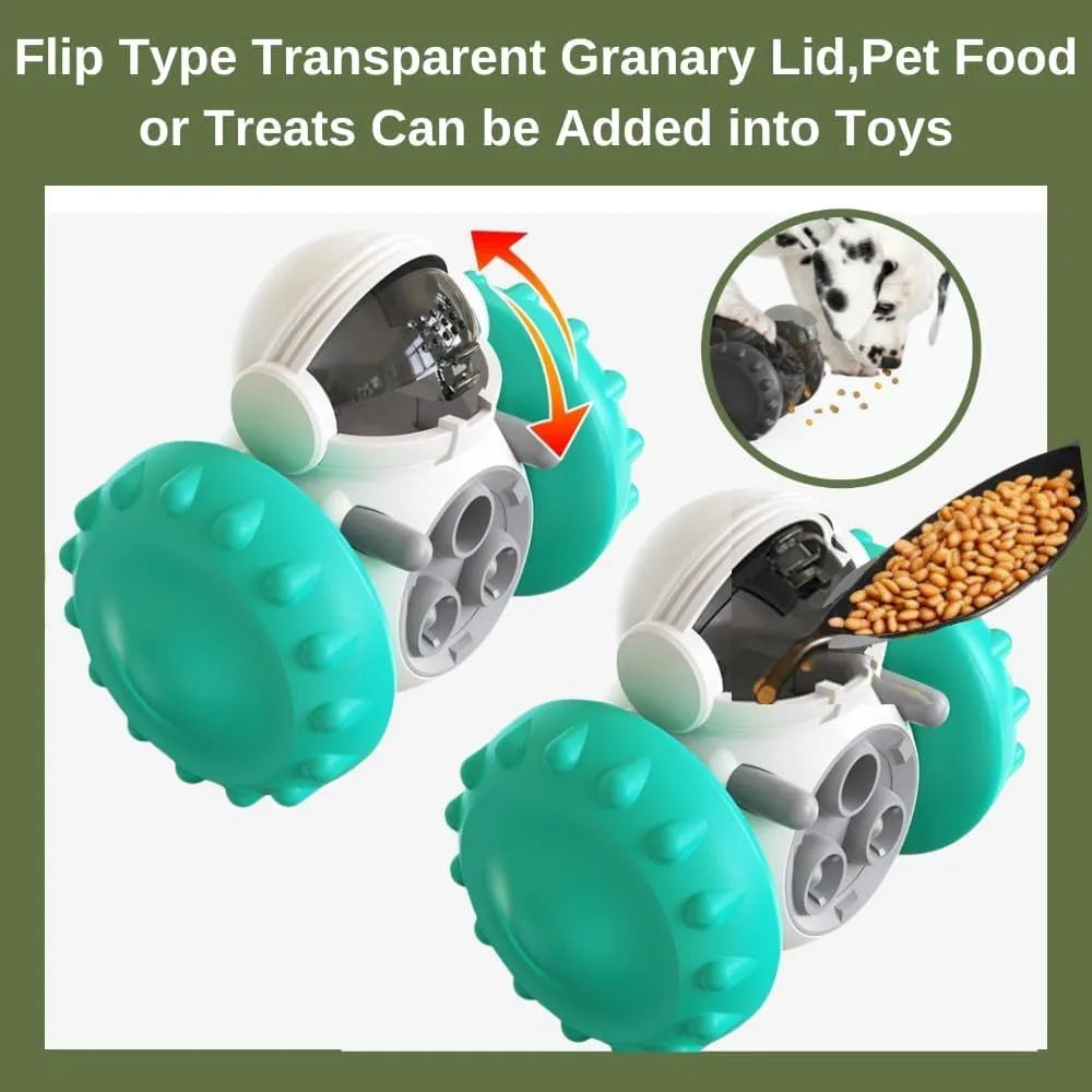 Pet tumbler treat dispenser toy in robot style with self-balancing system for small dogs and cats