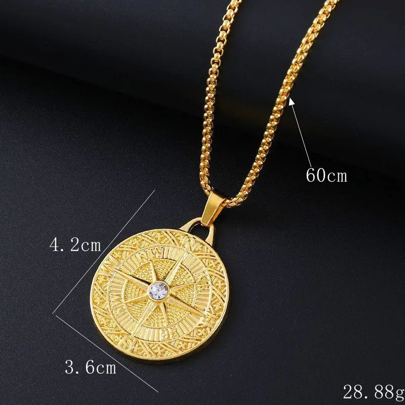 Gold-coloured geometric pendant necklace with inlaid zircon stones for women