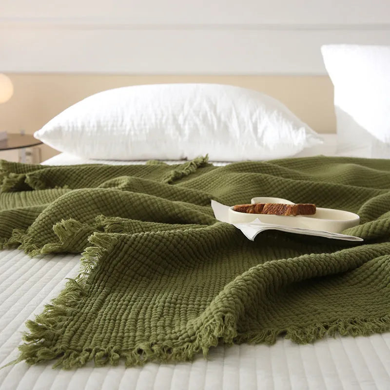 Four-layer gauze cotton blanket with tassel trim in various colours